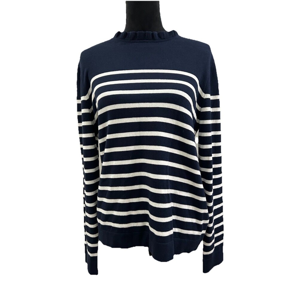 J Crew Womens Sz Large Sweater Ruffle Neck Long Sleeve 100% Cotton Pullover